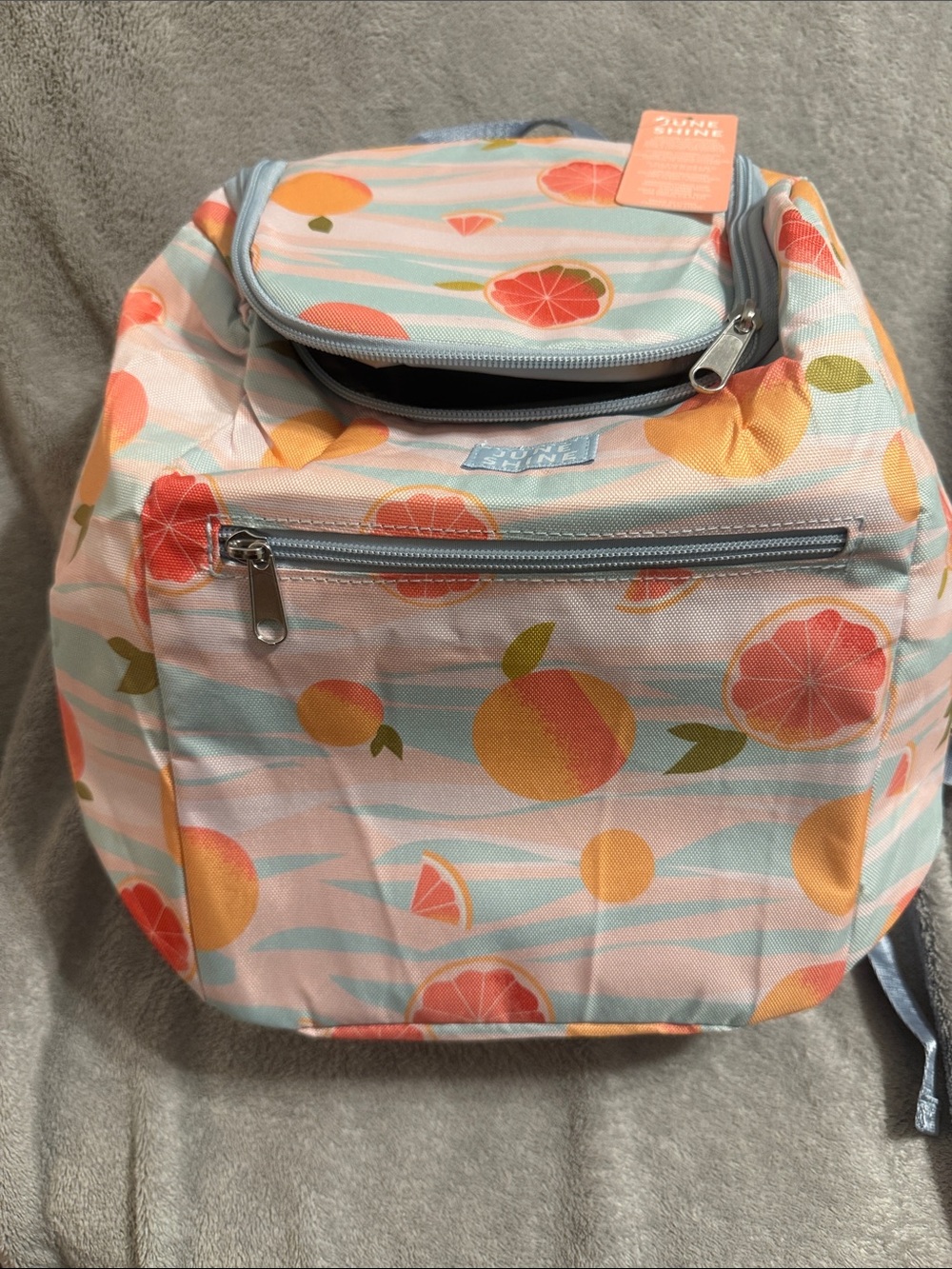 June Shine Peach Print Cooler Backpack Tote - Pastel Blue & Peach